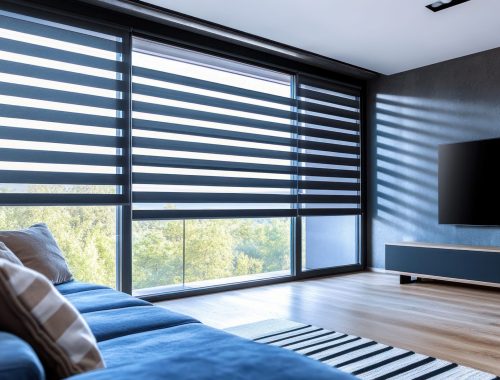 Modern living room with blinds and a TV.