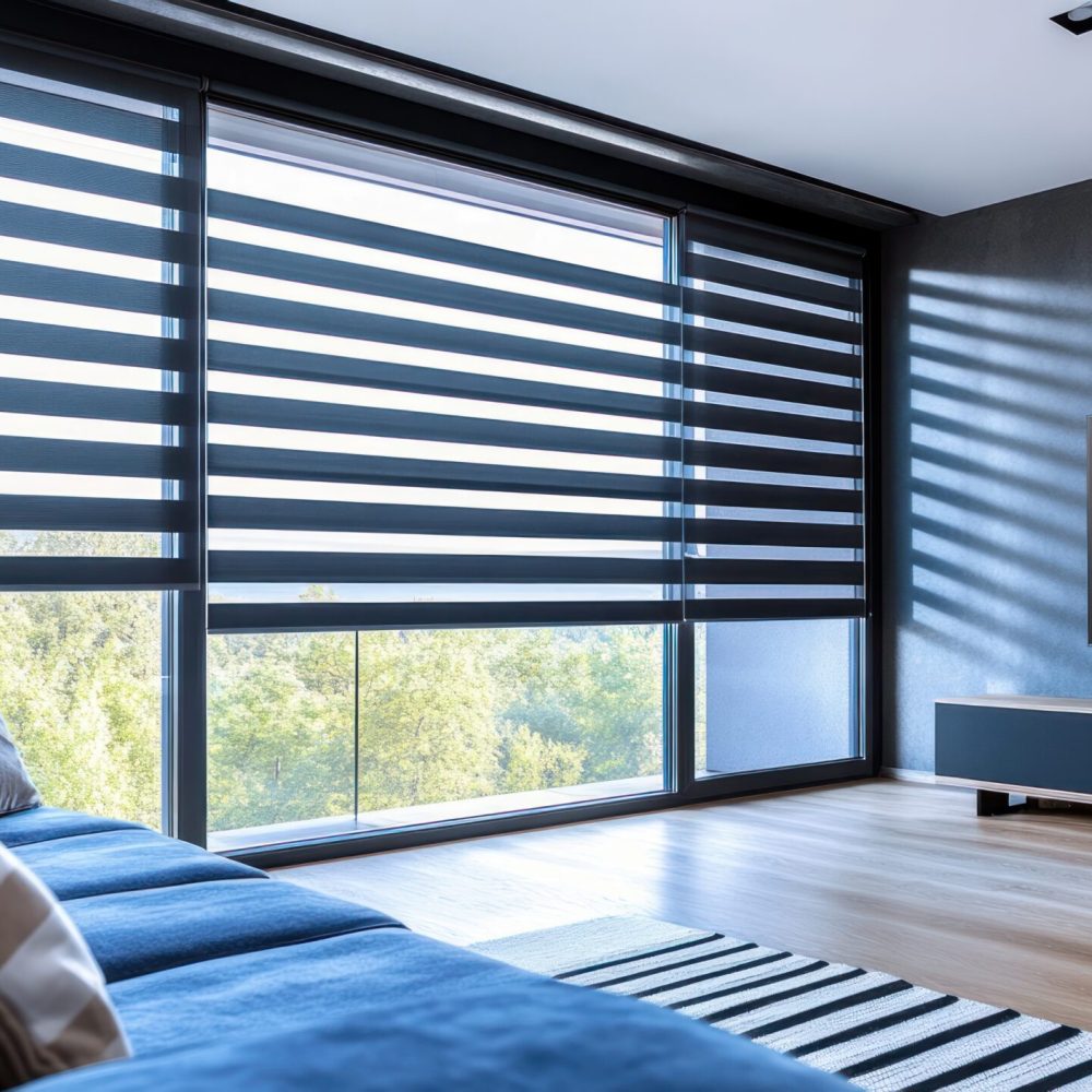 Modern living room with blinds and a TV.