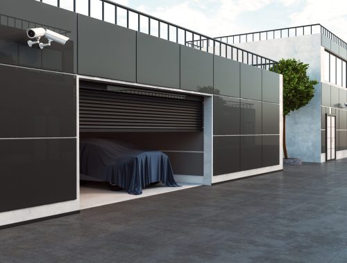 Side view of modern garage interior with car under cloth and cameras. Purchase and monitor concept. 3D Rendering