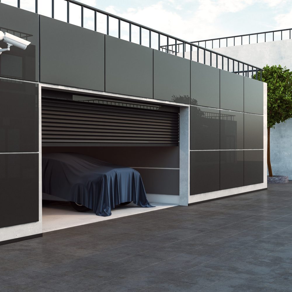 Side view of modern garage interior with car under cloth and cameras. Purchase and monitor concept. 3D Rendering